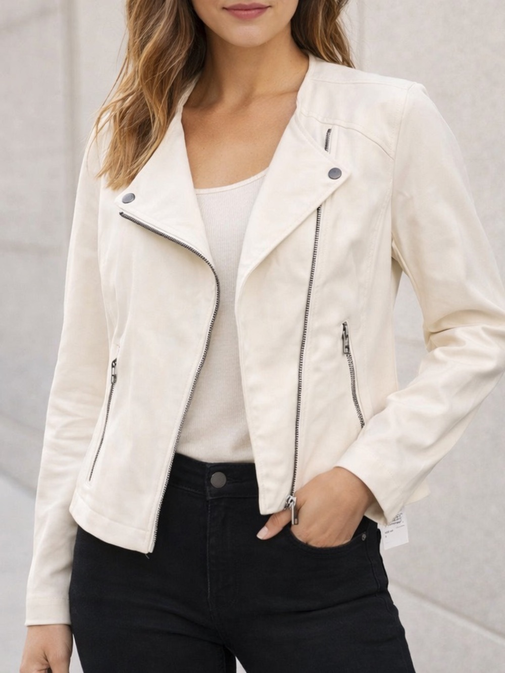 Bagatelle Cream Moto Jacket Asymmetrical Zip Lightweight Chic  NWT size large